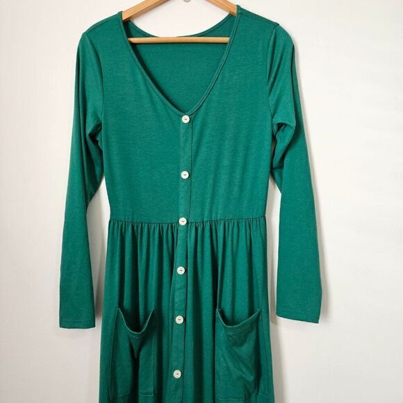 EUC LIKE NEW GREEN SCOOP NECK BUTTON DOWN SUPER MAXI LONGSLEEVE DRESS SIZE SMALL - Picture 3 of 15